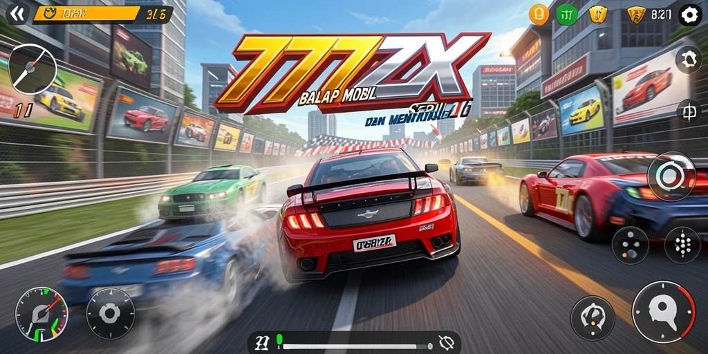 Screenshot gameplay 777ZX menampilkan mobil balap di jalur yang dinamis.