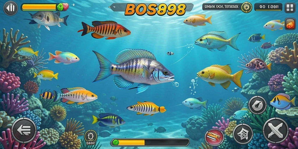 Tampilan gameplay seru menembak ikan di lautan.