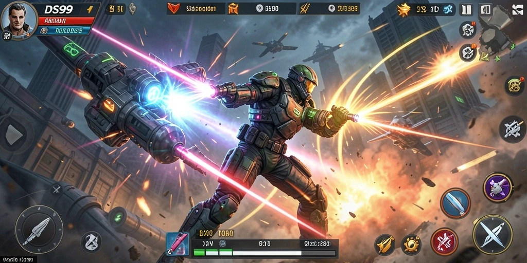 Screenshot gameplay DS99 yang menunjukkan aksi mendebarkan di level tinggi.