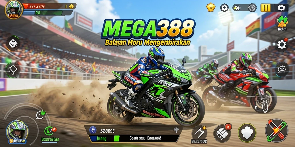 Tampilan gameplay MEGA388 dengan balapan motor yang mendebarkan.
