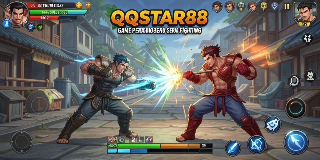 Screenshot utama QQSTAR88 menampilkan aksi pertarungan seru dengan karakter menarik.
